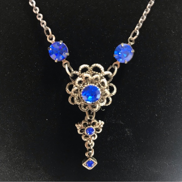Retro Cobalt Blue Silver Tone Metal Floral Victorian Style Bridal Necklace - Picture 1 of 8